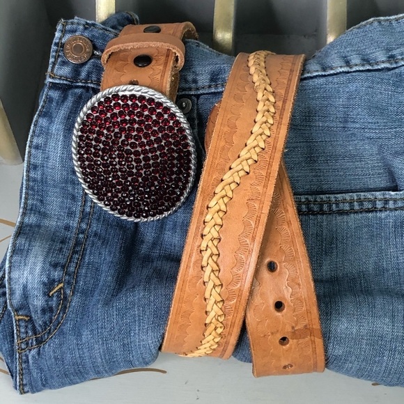 RED rhinestone tan leather woven belt - Picture 3 of 9